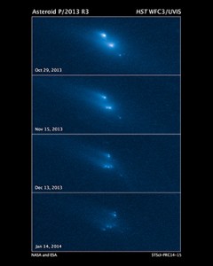 Hubble Space Telescope images reveals the breakup of an asteroid over a period of several months starting in late 2013