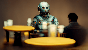 man_and_a_robot_sitting_at_a_table_talking